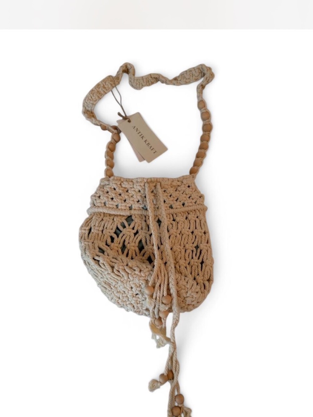 Antik Kraft Cream Crochet Macramé Drawstring Shoulder Bag with Wooden Beads